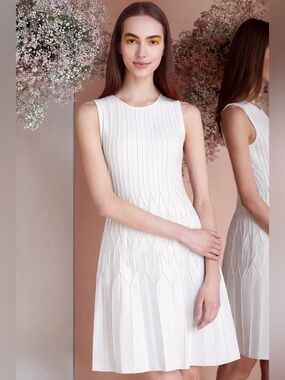 LELA ROSE Chevron Pleated Knit Fit-and-Flare Dress in Ivory White